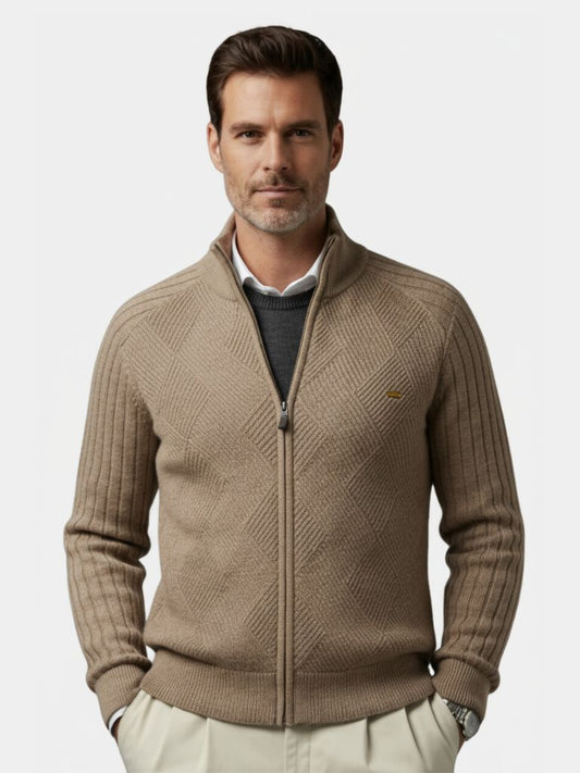 Knit Zipper Jacquard Solid Color Cardigan Sweater - Maison McAllister